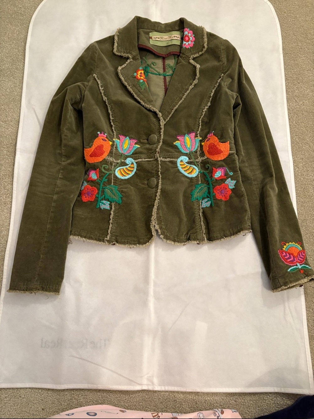 Miss Me Olive Green Embroidered Corduroy Blazer, size M